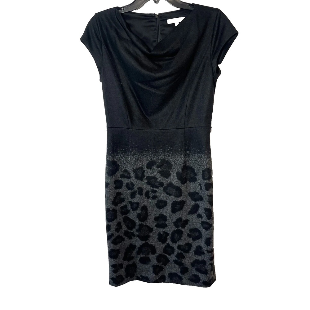 Classiques Entier Cap Sleeve Animal Print Sheath Dress Womens 4 Black Wool Blend